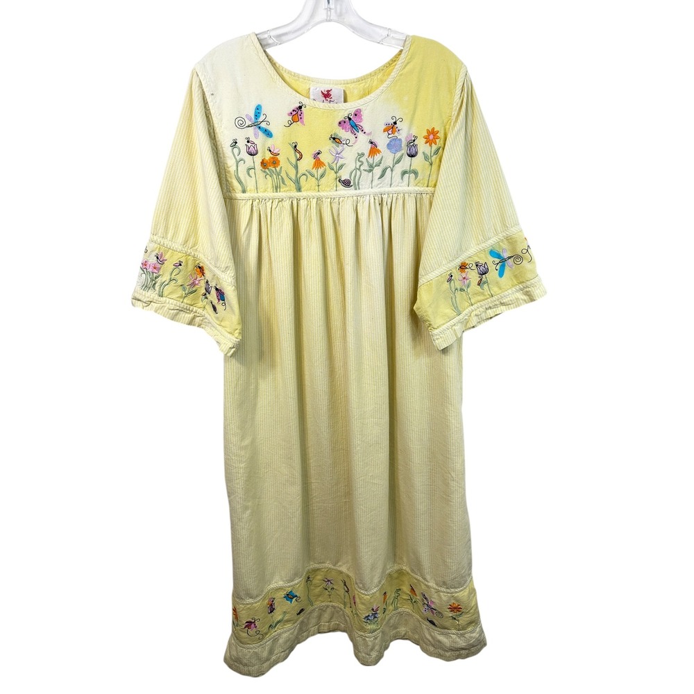 VTG Quacker Factory XL Nightgown‎ Yellow Embroidered Butterfly Cottagecore 411